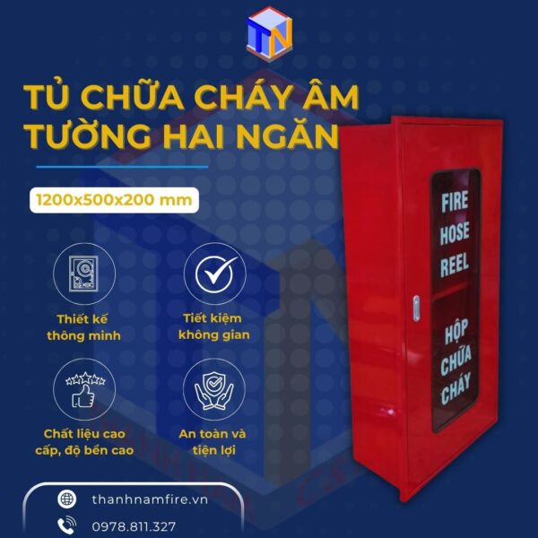 tủ chữa cháy âm tường 2 ngăn kích thước 120x500x200mm