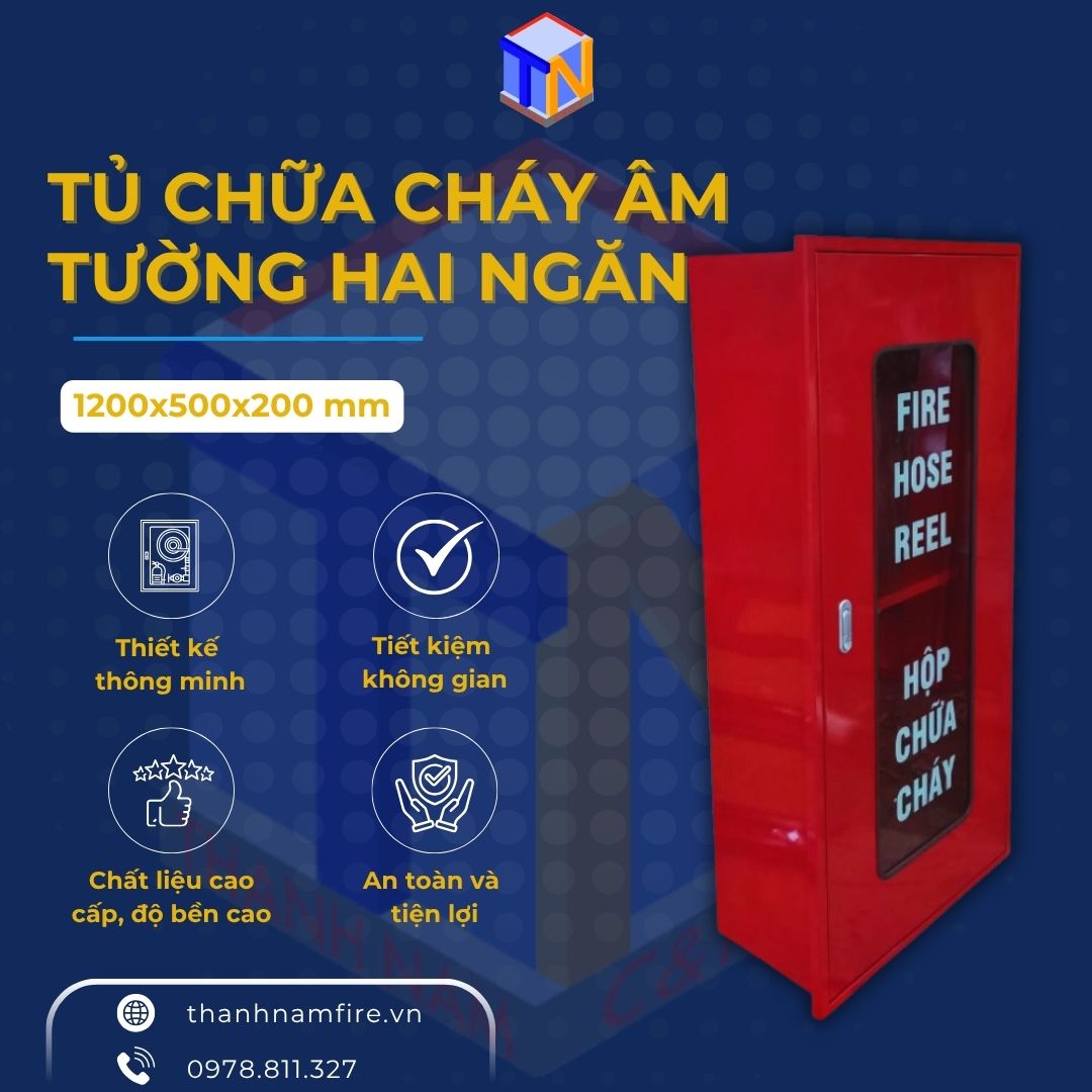 tủ chữa cháy âm tường 2 ngăn kích thước 120x500x200mm