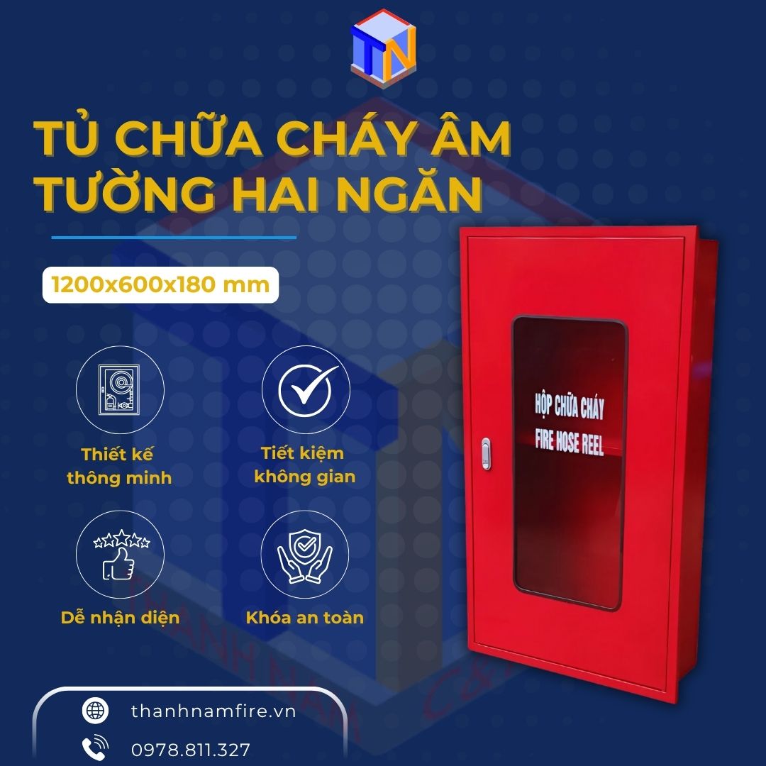 tủ chữa cháy âm tường hai ngăn kích thước 1200x600x180mm