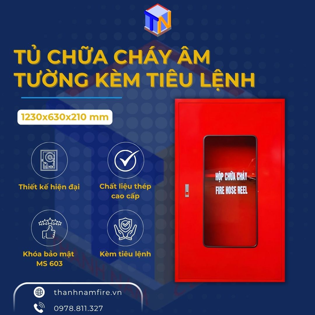 tủ chữa cháy âm tường kèm tiêu lệnh kích thước 1230x630x210mm
