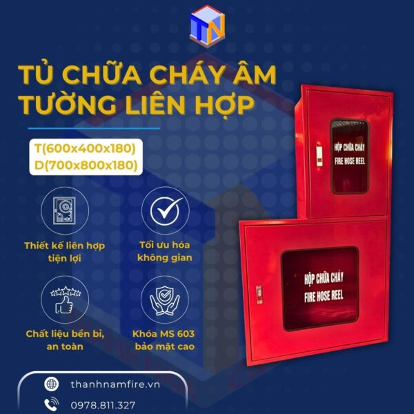 tủ chữa cháy âm tường liên hợp kích thước T(600x400x180mm), D(700x800x180mm)