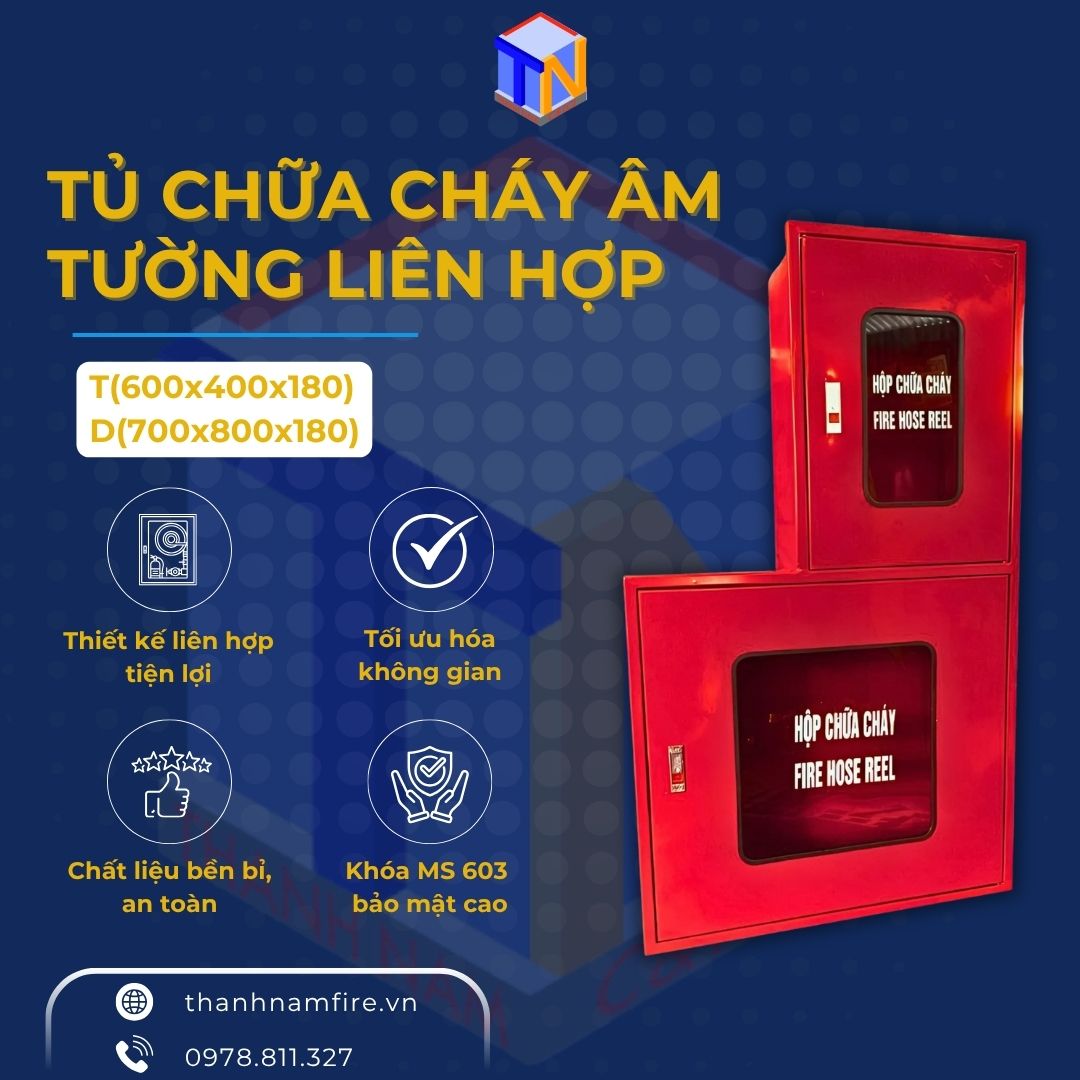 tủ chữa cháy âm tường liên hợp kích thước T(600x400x180mm), D(700x800x180mm)